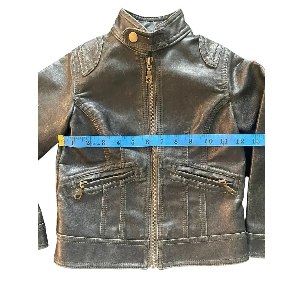Frida G London Kids Small Black Faux Leather Moto Biker Jacket Distressed EUC